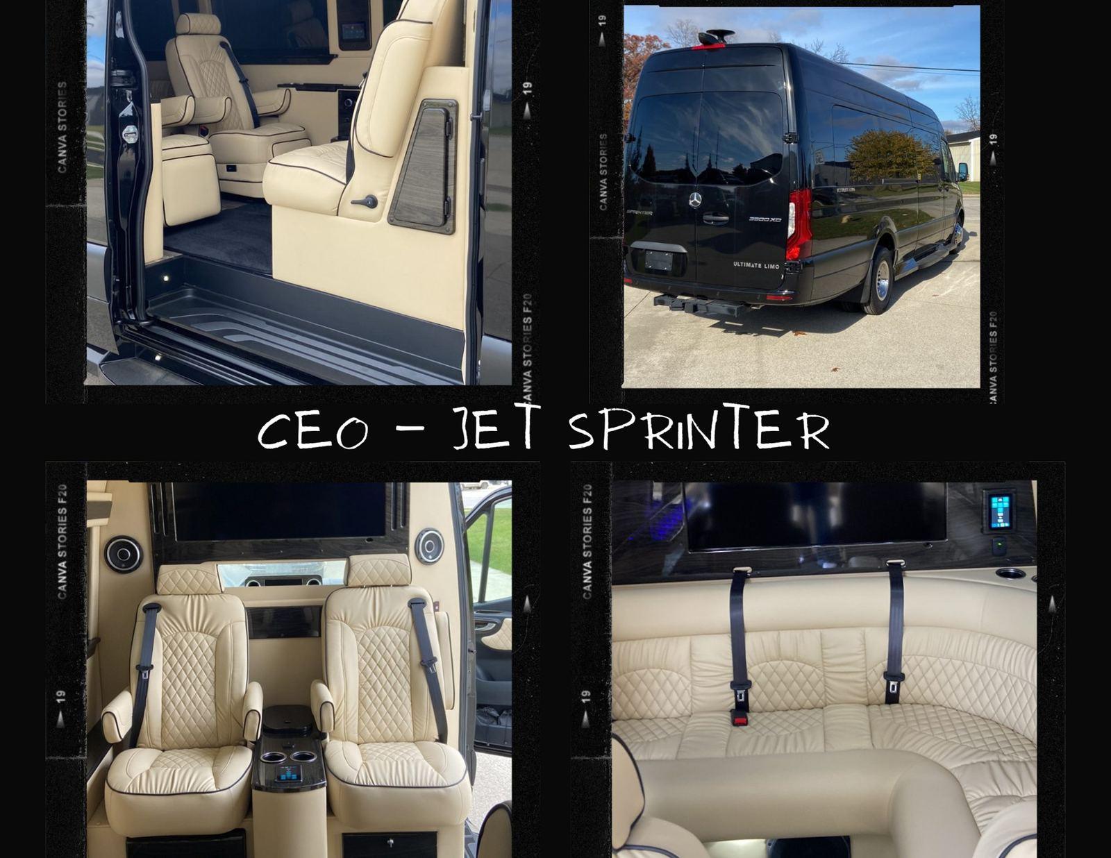Ceo private jet Mercedes Sprinter interior collage — Houston Limo Chauffeur