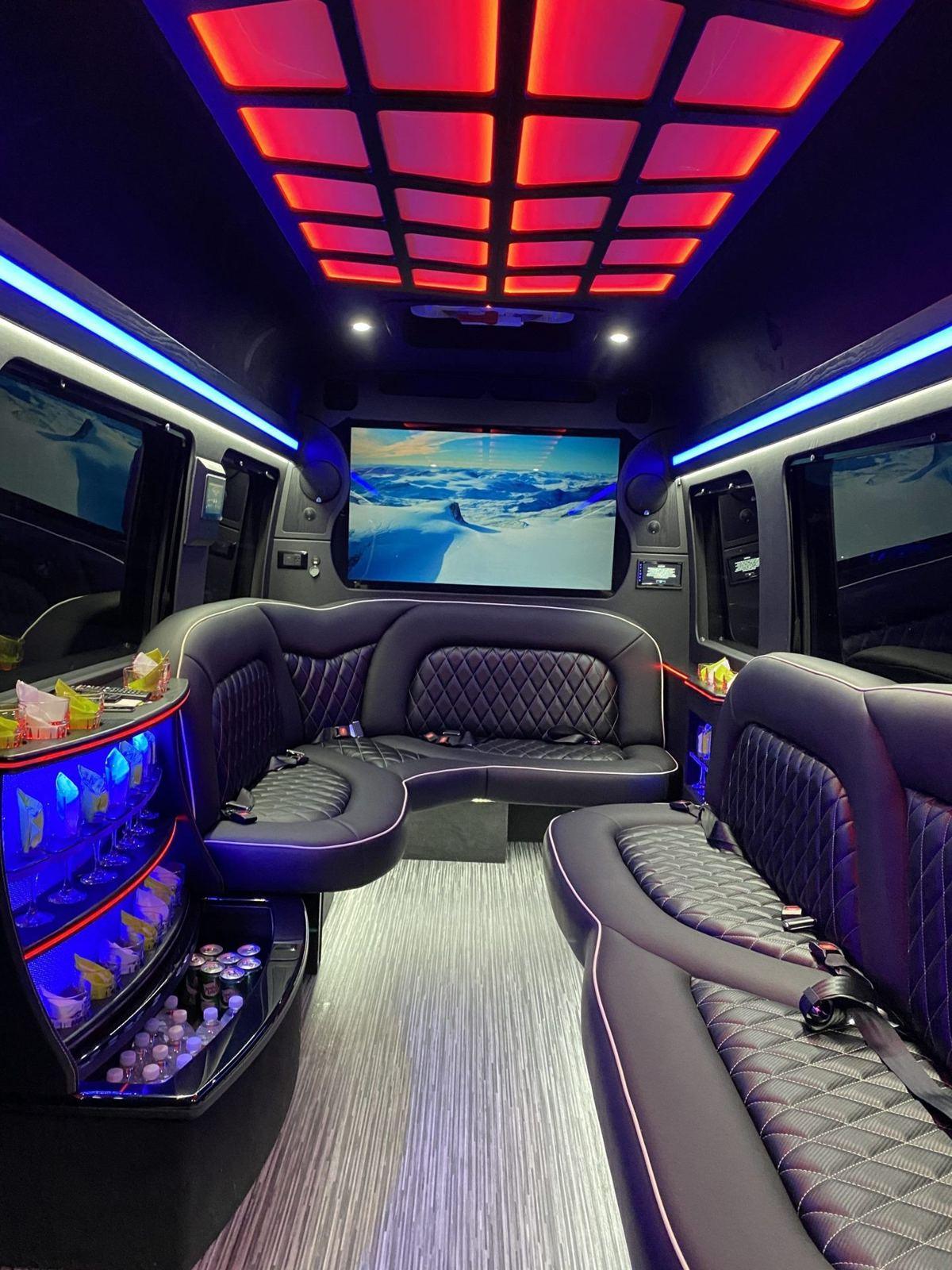 Mercedes Sprinter limousine interior red ceiling — Houston Limo Chauffeur